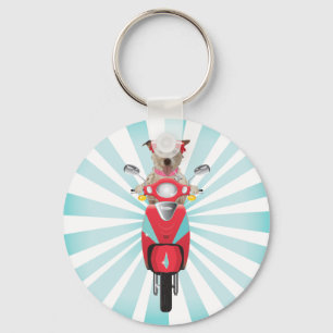 Jack-Russell-Terrier auf rotem Moped Schlüsselanhänger
