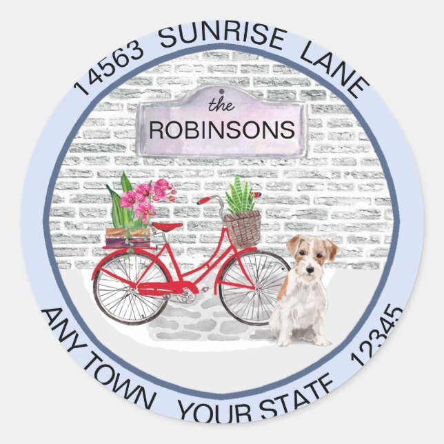 Jack Russell Terrier Bicycle Neue Adresse Runder Aufkleber (Vorderseite)