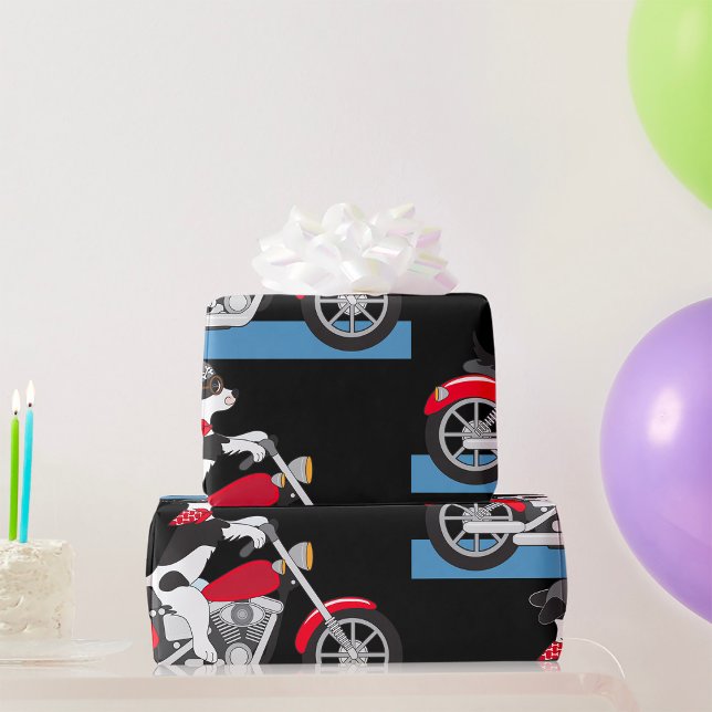Jack Russell Terrier Biker-Hund auf rotem Motorrad Geschenkpapier (Von Creator hochgeladen)