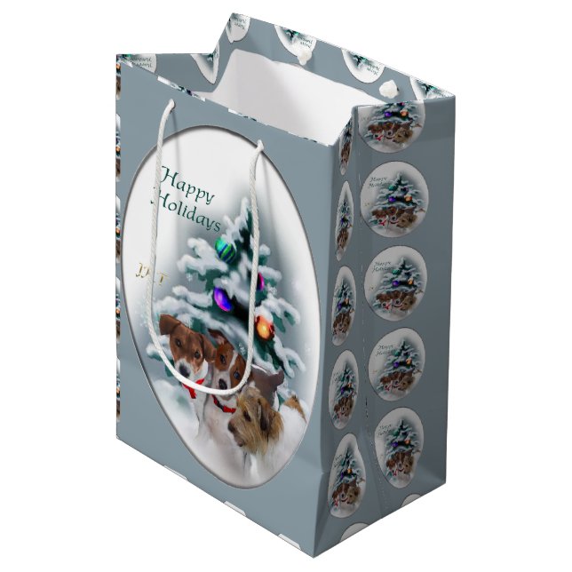 Jack Russell Terrier Christmas Mittlere Geschenktüte (Vorderseite Schrägansicht)