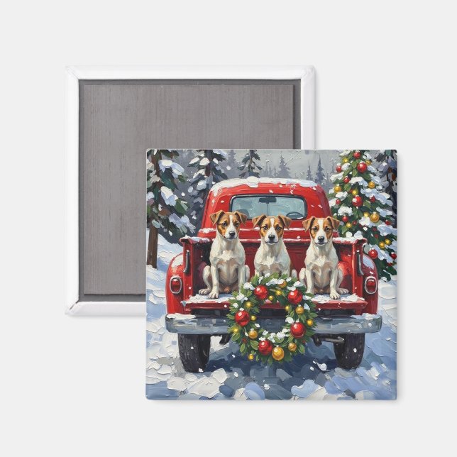 Jack Russell Terrier Christmas Red Truck Holiday Magnet (Vorderseite/Rückseite)