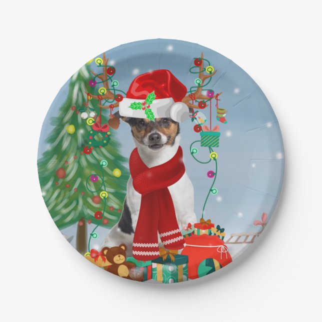 Jack Russell Terrier Dog in Schnee Weihnachtsgesch Pappteller (Vorderseite)