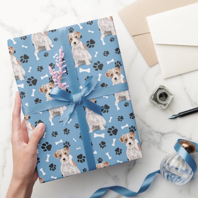 Jack Russell Terrier Dog Paw Print Pattern auf Blu Geschenkpapier (Schenken)