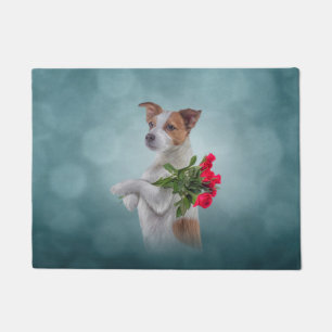 Jack Russell Terrier Hund hält ein Bouquet Blume Fußmatte