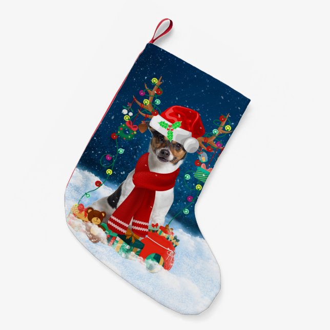 Jack Russell Terrier Hund mit Weihnachtsgeschenken Kleiner Weihnachtsstrumpf (Vorderansicht (hängend))
