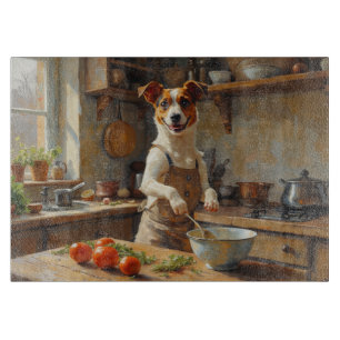 Jack Russell Terrier kocht in der Küche Schneidebrett
