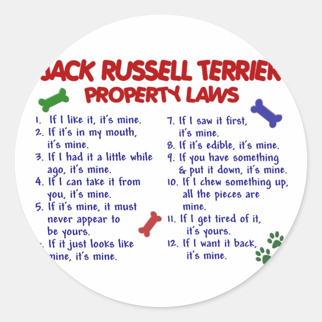 JACK RUSSELL TERRIER Property Laws 2 Runder Aufkleber (Vorderseite)