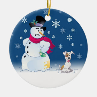Jack-Russell Terrier und Snowman Keramikornament