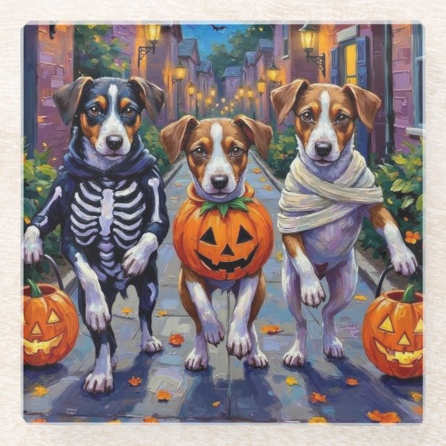 Jack Russell Trick-oder-Treating Halloween-Kostüme Glasuntersetzer (Vorderseite)