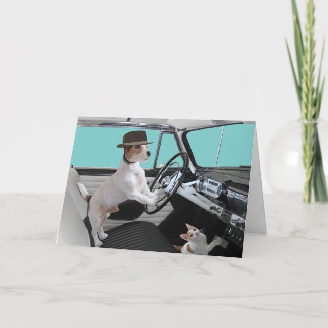Jack Russell und Cat Driving Classic Car Karte (Vorderseite)