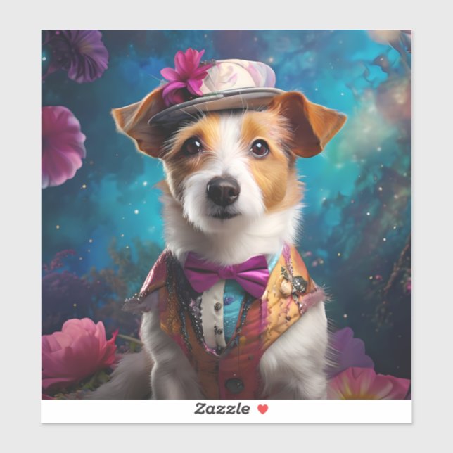 Jack Russell, weißer Hut, rosa Blume Aufkleber (Blatt)