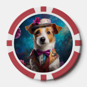 Jack Russell, weißer Hut, rosa Blume Pokerchips