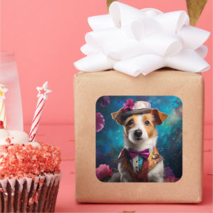 Jack Russell, weißer Hut, rosa Blume Quadratischer Aufkleber