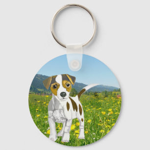 Jack Russell Welpe auf einer Blumenwiese  Schlüsselanhänger