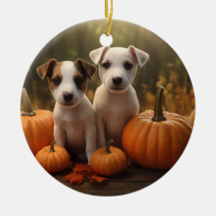 Jack Russell Welpe Herbstfreude Kürbis Keramik Ornament