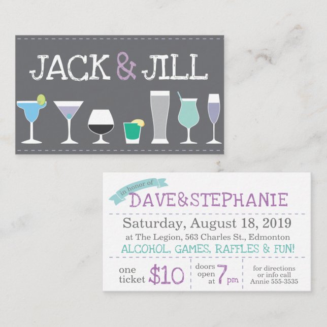 Jack- und Jill-Tickets - Bar Drinks in Grau Visitenkarte (Vorne/Hinten)