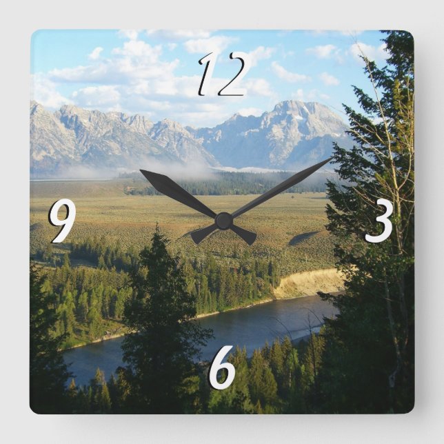 Jackson Hole Mountains und Fluss Quadratische Wanduhr (Vorderseite)