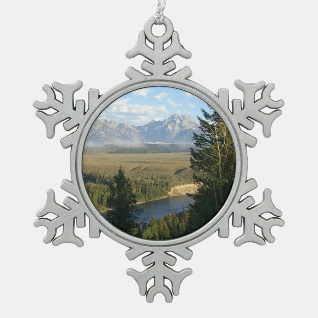 Jackson Hole Mountains und Fluss Schneeflocken Zinn-Ornament (Vorderseite)