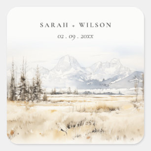 Jackson Hole Wyoming Aquarell-Landschaft Hochzeit Quadratischer Aufkleber