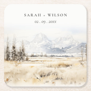 Jackson Hole Wyoming Aquarell-Landschaft-Hochzeit Rechteckiger Pappuntersetzer