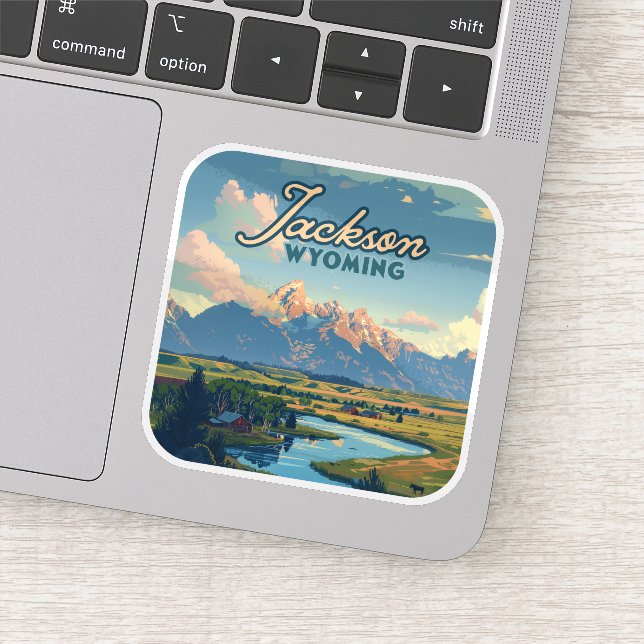 Jackson Hole Wyoming Ranch Tetons Mountains Retro Aufkleber (Detail)