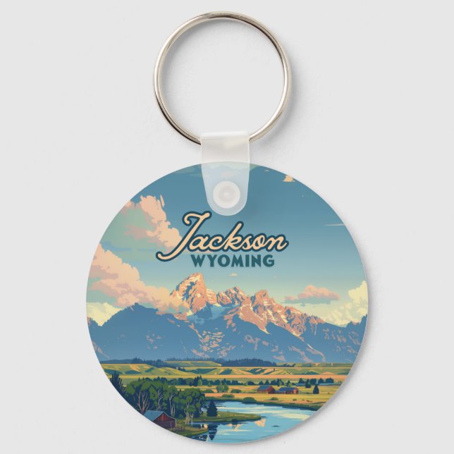 Jackson Hole Wyoming Ranch Tetons Mountains Retro Schlüsselanhänger (Vorderseite)