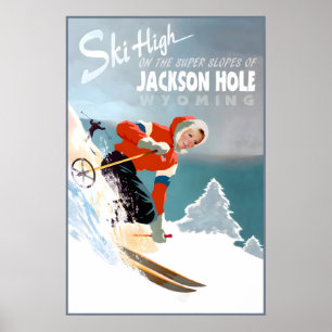 Jackson Hole Wyoming Reiseplakat Tetons Schnee Ski Poster