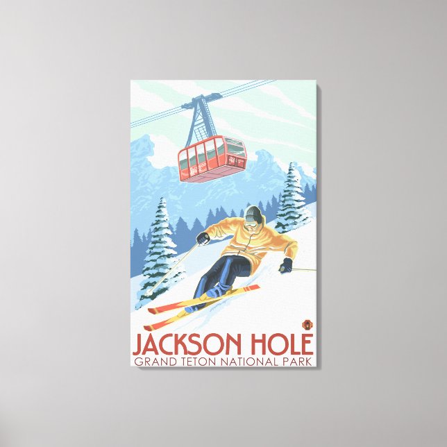 Jackson Hole, Wyoming Skier und Tram Leinwanddruck (Vorderseite)