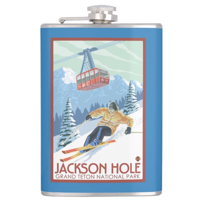 Jackson Hole, Wyoming-Skifahrer und Tram Flachmann (Vorderseite)