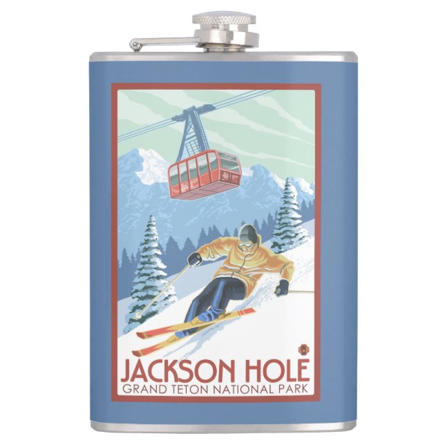 Jackson Hole, Wyoming-Skifahrer und Tram Flachmann (Vorderseite)