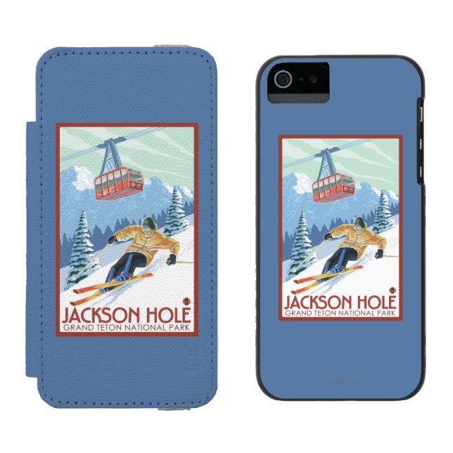 Jackson Hole, Wyoming-Skifahrer und Tram Incipio iPhone Geldbeutel-Hülle (Seite an Seite)