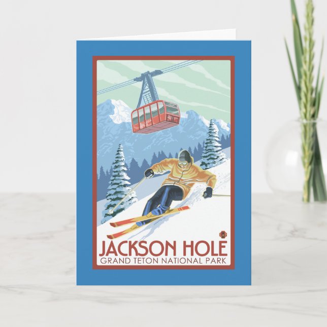 Jackson Hole, Wyoming-Skifahrer und Tram Karte (Vorderseite)