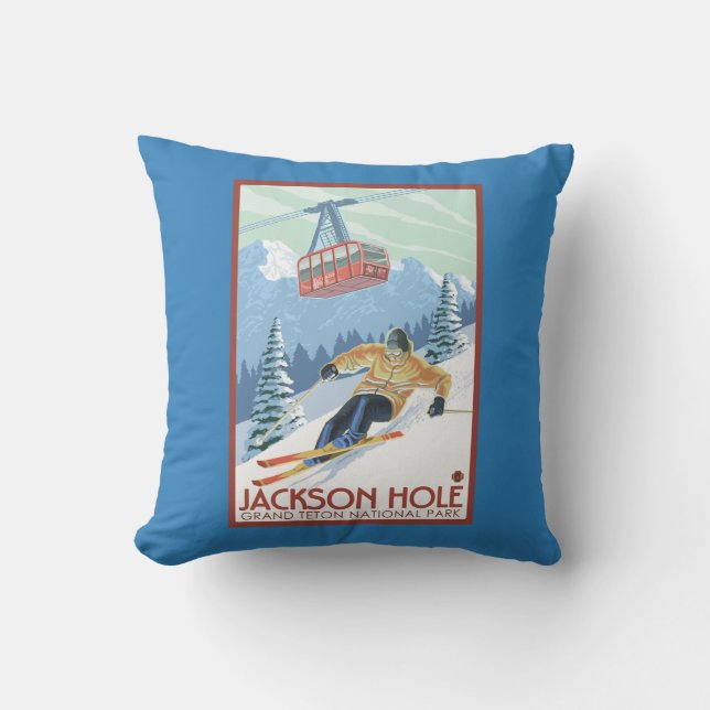 Jackson Hole, Wyoming-Skifahrer und Tram Kissen (Vorderseite)