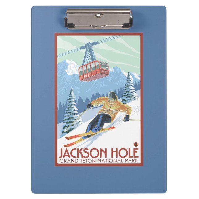 Jackson Hole, Wyoming-Skifahrer und Tram Klemmbrett (Vorderseite)