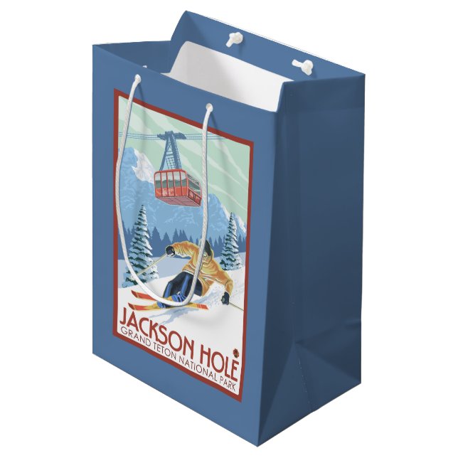 Jackson Hole, Wyoming-Skifahrer und Tram Mittlere Geschenktüte (Vorderseite Schrägansicht)