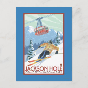 Jackson Hole, Wyoming-Skifahrer und Tram Postkarte