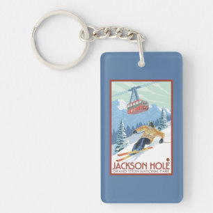 Jackson Hole, Wyoming-Skifahrer und Tram Schlüsselanhänger