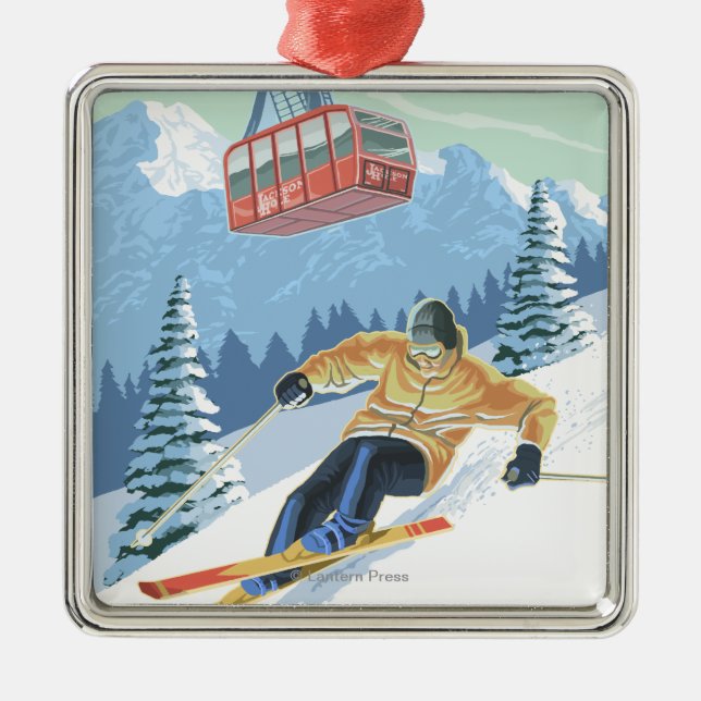 Jackson Hole, Wyoming-Skifahrer und Tram Silbernes Ornament (Vorne)