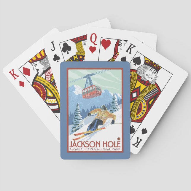 Jackson Hole, Wyoming-Skifahrer und Tram Spielkarten (Rückseite)