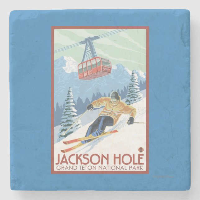 Jackson Hole, Wyoming-Skifahrer und Tram Steinuntersetzer (Vorderseite)