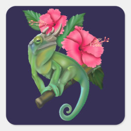 Jackson's Chameleon mit Hibiskus Quadratischer Aufkleber