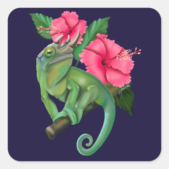 Jackson's Chameleon mit Hibiskus Quadratischer Aufkleber (Vorderseite)