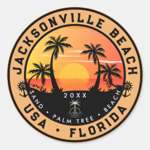 Jacksonville Beach Florida tropisches Retro Sunset Runder Aufkleber