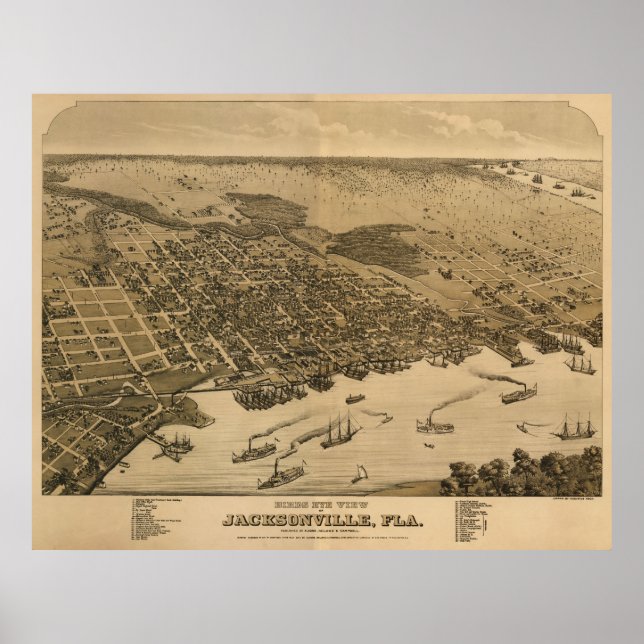 Jacksonville, FL Birdseye Map, Circe 1874 Poster (Vorne)