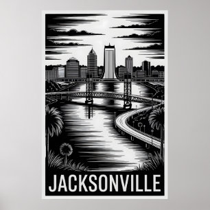 Jacksonville Florida Skyline Schwarz Weiß Holzschn Poster