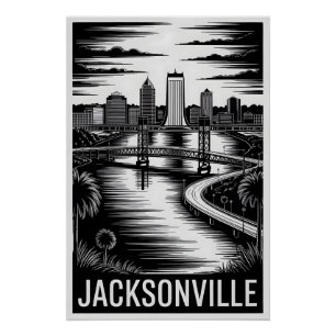 Jacksonville Florida Skyline Schwarz Weiß Holzschn Poster