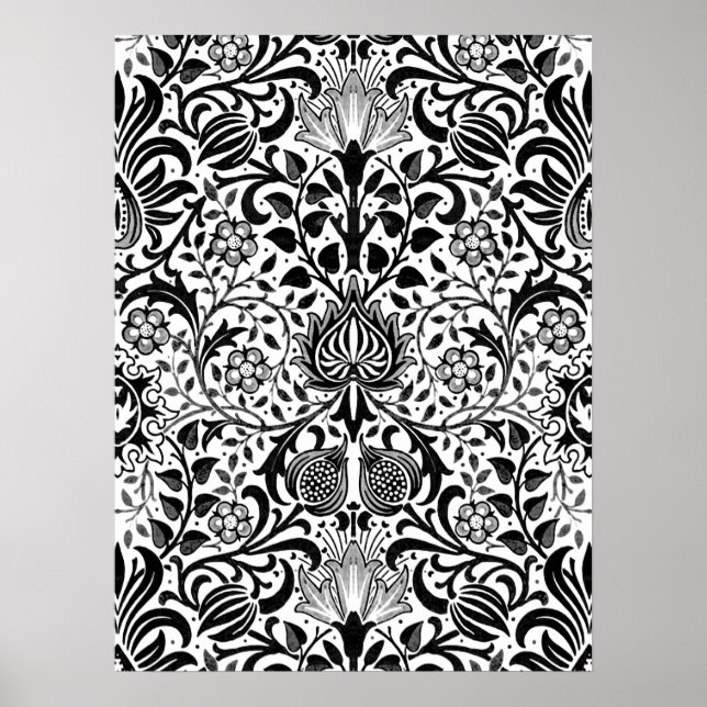 Jacobean Floral Damask, Black, White and Gray  Pos Poster (Vorne)