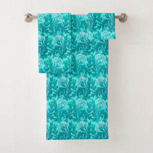 Jacobean Flower Damask, Turquoise et bleu Turquois