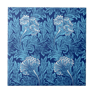 Jacobitischer Blumendamast, Navy, Himmelblau und W Fliese