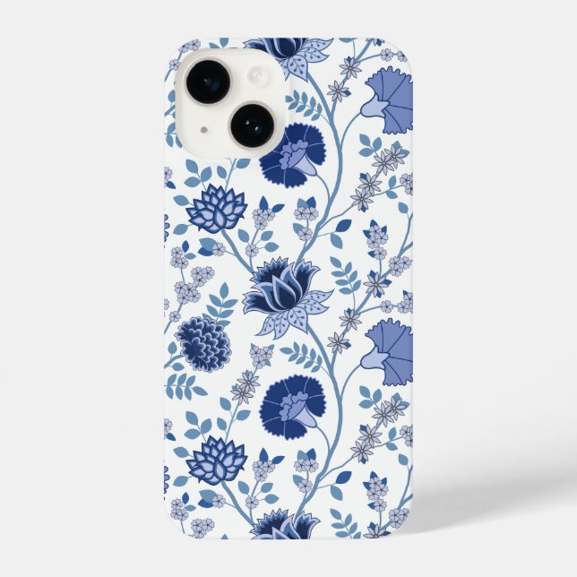 Jacobobobohnenfloral Big Pattern Blues auf Weiß iPhone 14 Hülle (Rückseite)